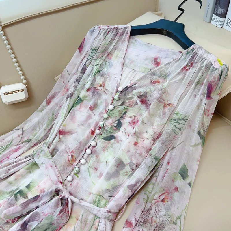 Vacation Style Romantic Rose Print Dress 2024 Summer NewWaist-Controlled Slimming High Sense Floral Skirt