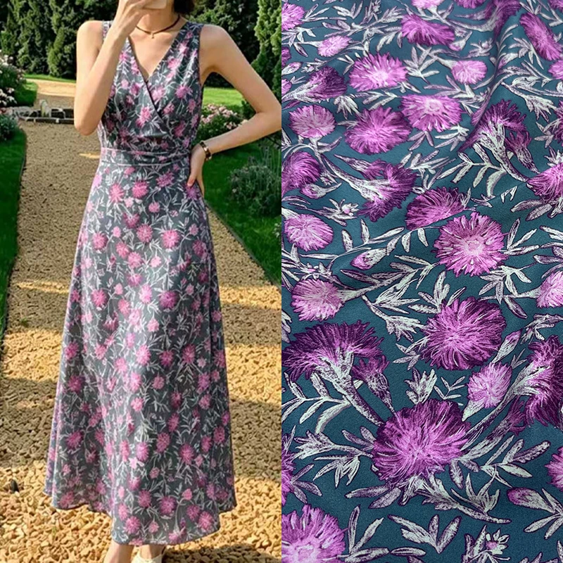 Pink Floral Printed Stretch Silk Crepe de Chine Fabric for DIY Sewing Summer Dress Pajamas Lake Blue Silk Fabric FR7037