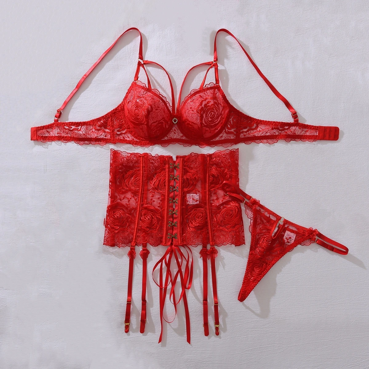 

Sexy Rose Embroidered Cutout Sheer Lingerie Set Women's Red Strappy Belted Bodysuit Female See Through Slim Shaping Underwear