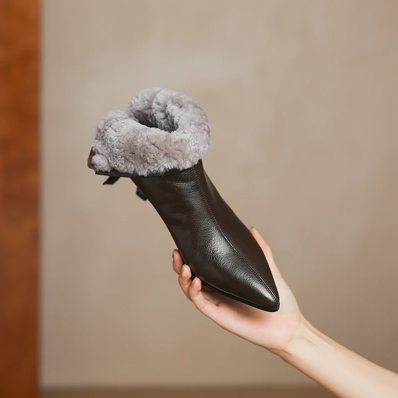 QUTAA 2025 News Warm Wool Women Ankle Boots Pointed Toe Sheepskin Leather Short Snow Boots Winter High Heel Shoes 34-40