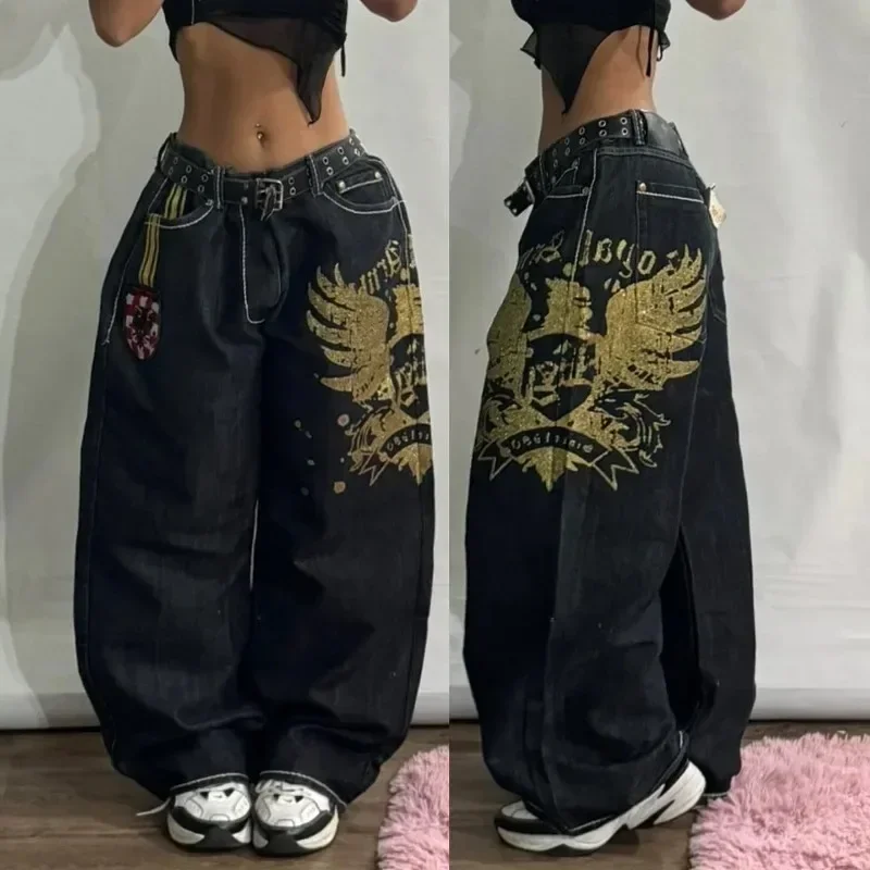 Southpole Y2K vintage 90s fashion wing pattern baggy jeans women\'s new Harajuku Gothic high waist wide leg wide trousers