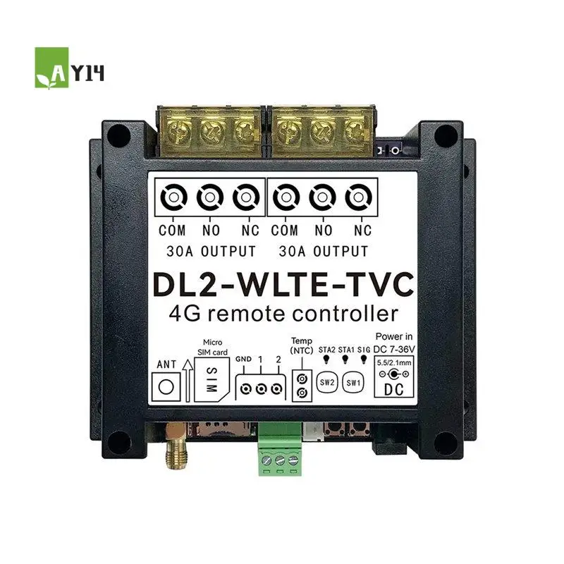 

AY14 -GSM 4G SMS APP Web Remote Controller Switch DL2-WLTE 30A 2 Channel Relay Output With Temperature Sensor DI Input Alarm