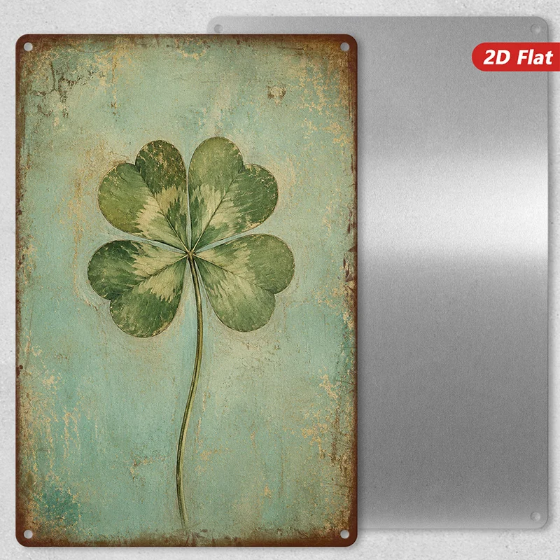 2D Flat, 1pc Lucky Clover Metal Sign Wall Art, Four Leaf Clover, Long Stem Detail, Distressed Teal Background, Home Decor, Id