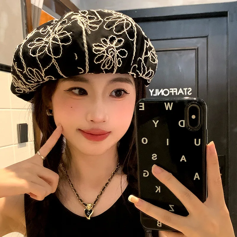 Summer New Hat Fashion Trend Sunscreen Hat Embroidered Rose Hat Octagon Hat Versatile Hat Beret Personality Hat Korean Style Hat