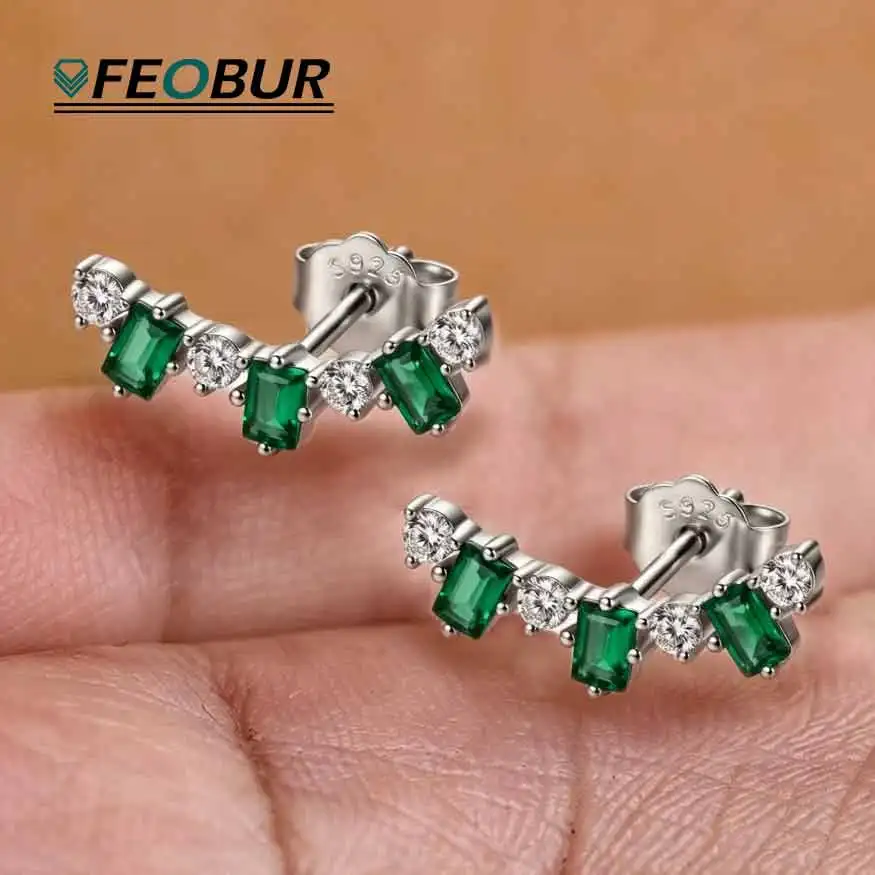 

2*3mm Emerald Cut Moissanite Stud Earrings for Women 100% S925 Sterling Silver Smile Baguette Diamond Ear Climber Trendy Jewelry