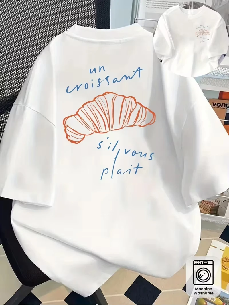 Women Casual Short Sleeve T‑Shirt, Front & Back Flat Croissant Meme Graphic Tee, Relaxed Fit Round Neck All‑Season Daily Top