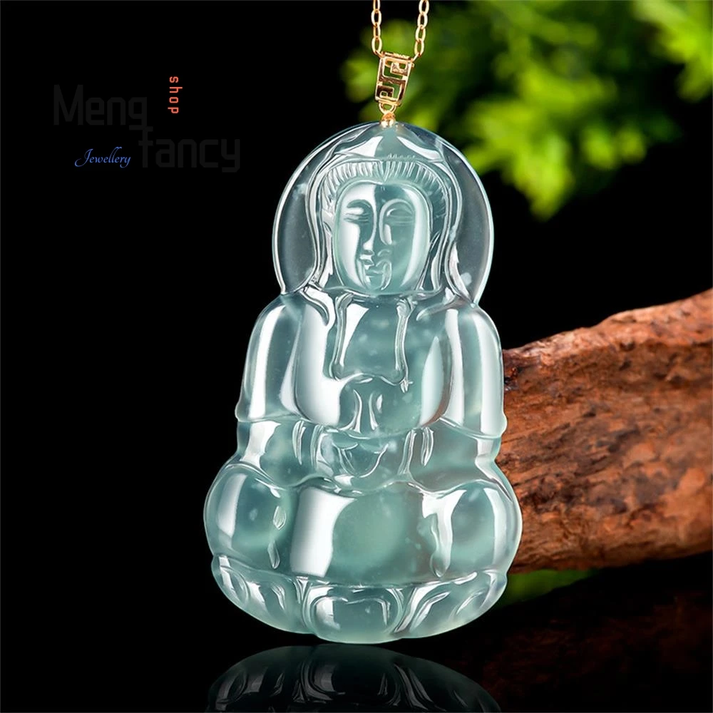 Natural A-goods Jadeite 18K Gold Buckle Head Blue Water Guanyin Jade Pendant High-grade Exquisite Luxury Quality Fashion Jewelry