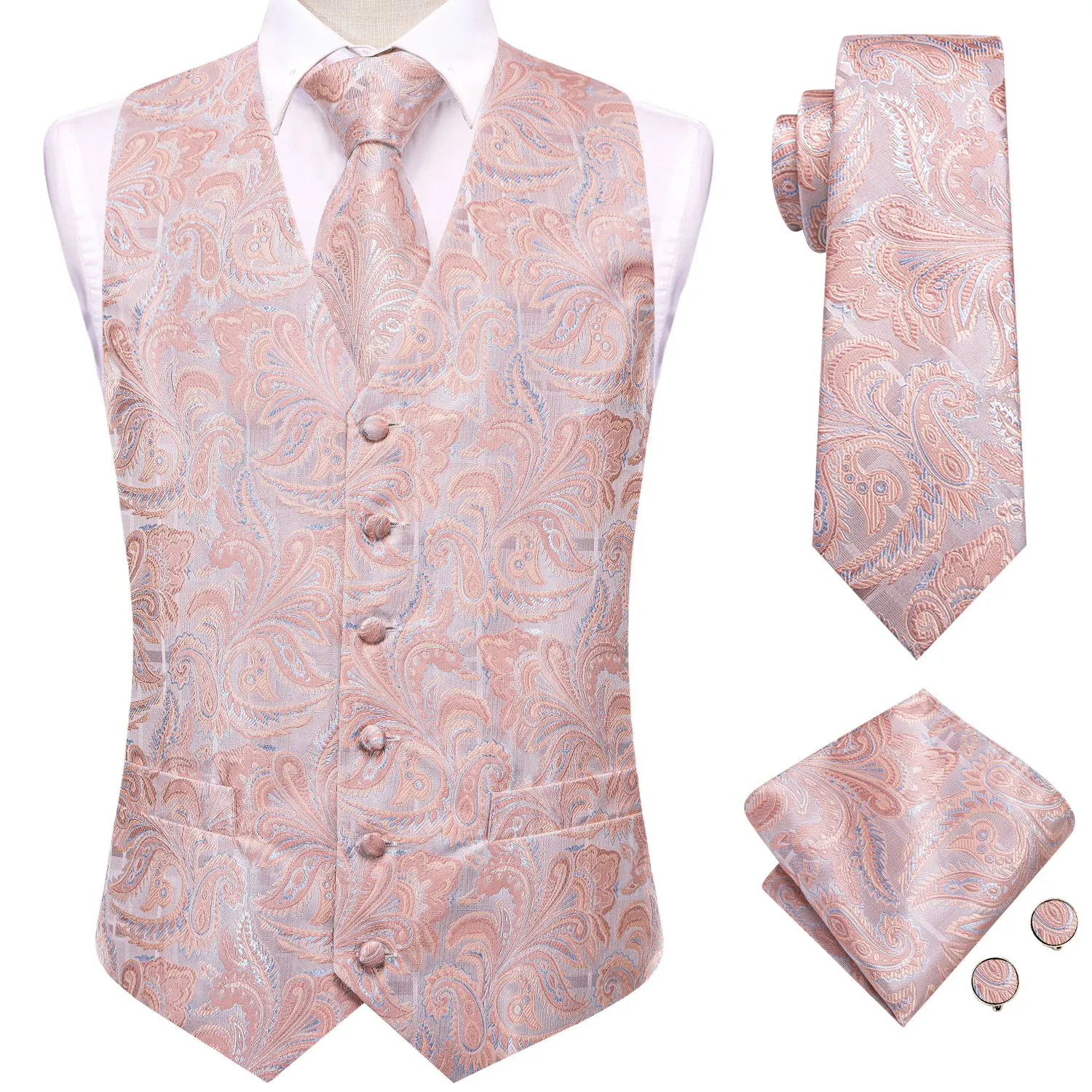 Hi-Tie Fashion Silk Mens Vests Coral Pink Paisley Jacquard Waistcoat Tie Hanky Cufflinks Brooch Set Wedding Formal Business Gift