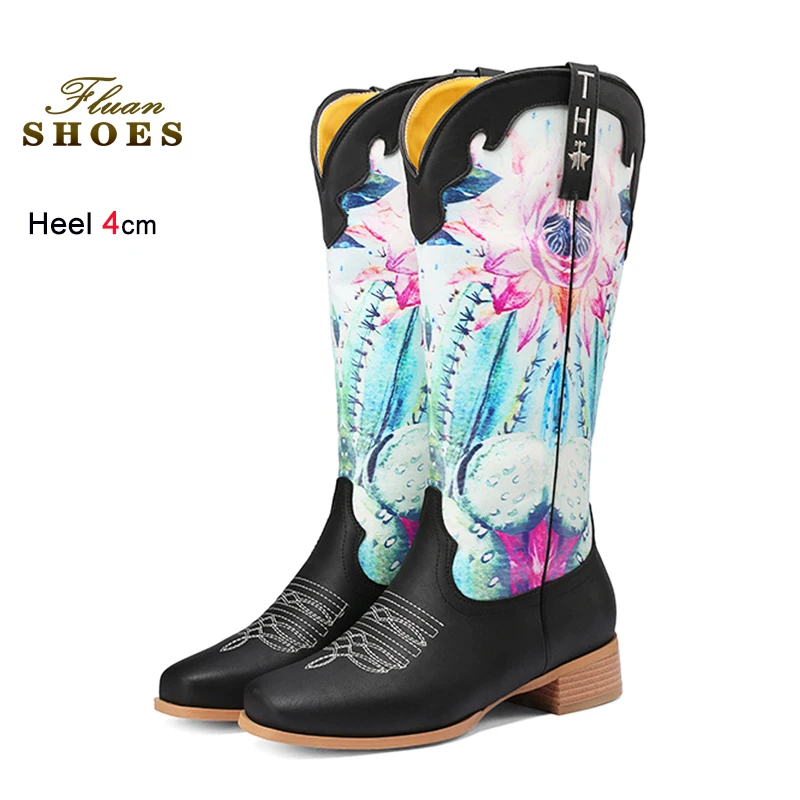 

Women Retro Embroidered Western Style Boots 4CM Chunky High Heel Square Toe Print High Boots 2025 Autumn Fashion Female Shoes