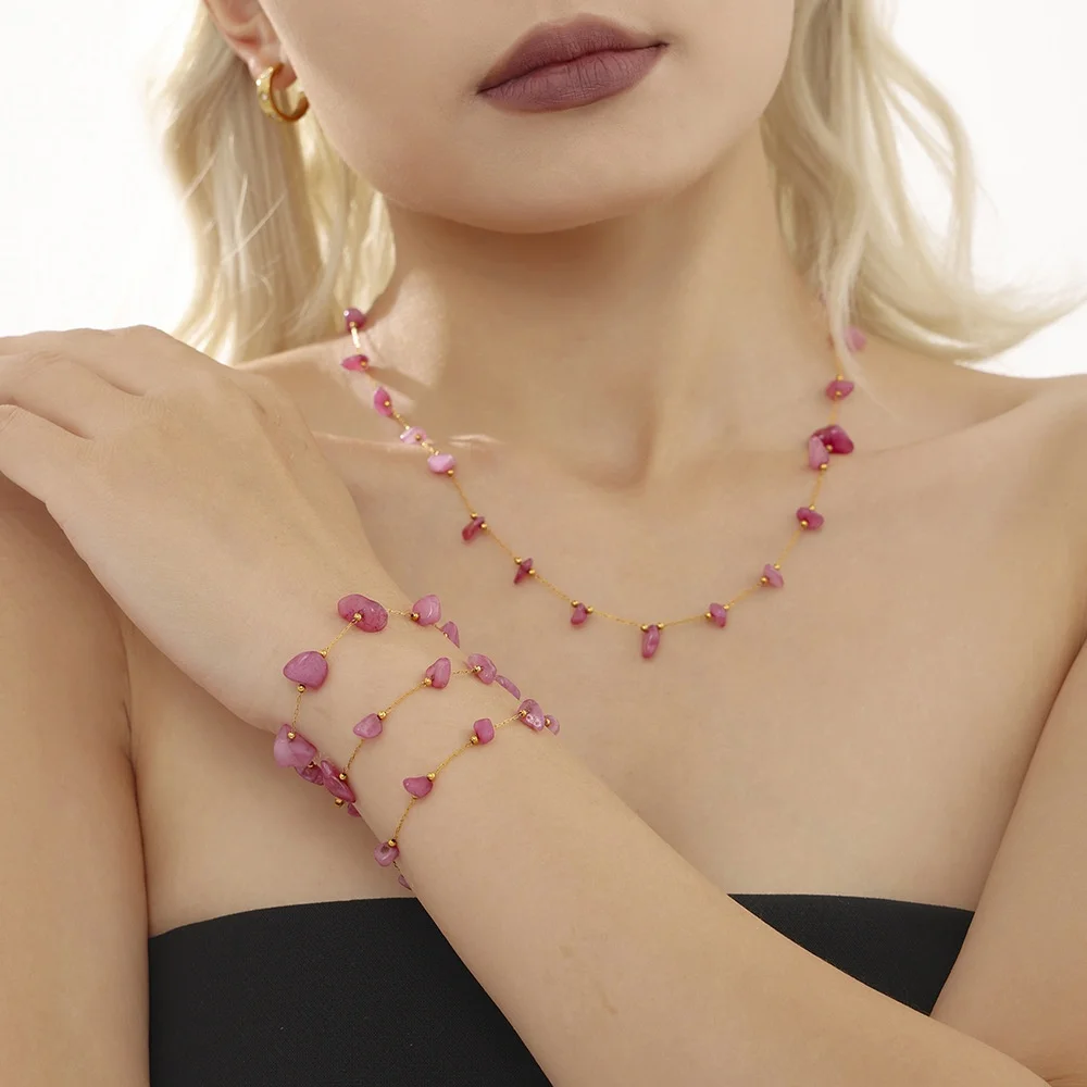 

MARKA Bohemian Pink Natural Stone Handmade Necklace Bracelet Women's Stainless Steel Jewelry Set