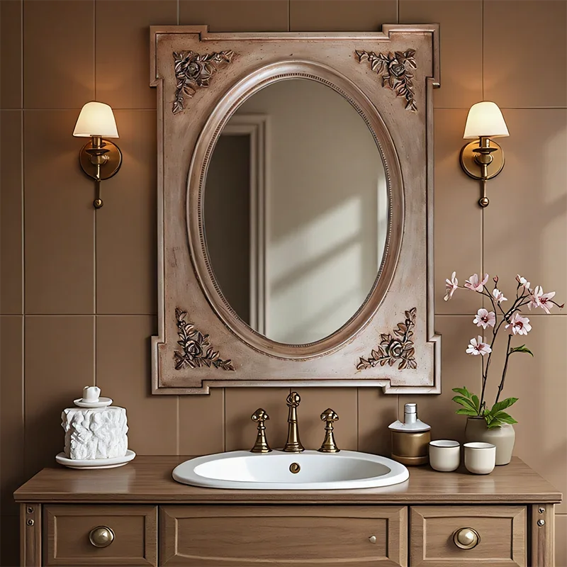 French Retro Bathroom Mirror Wall-Mounted Carved European Style Living Room Entrance Fireplace Decorative Mirror Wall Hangin