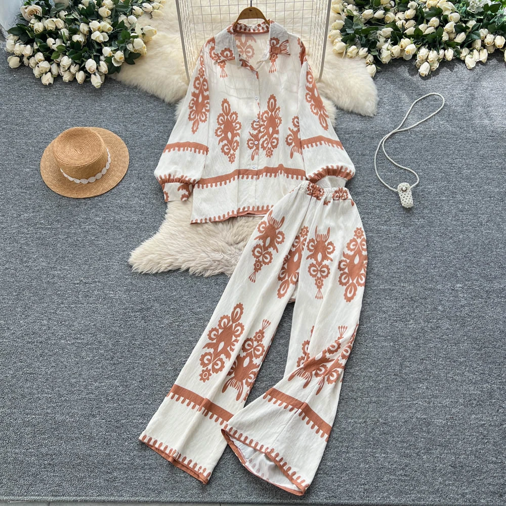 

Vintage Ethnic Style Lantern Sleeve Shirt+Elastic Waist Wide Leg Pants Women Printed Long Sleeve Two Piece Sets