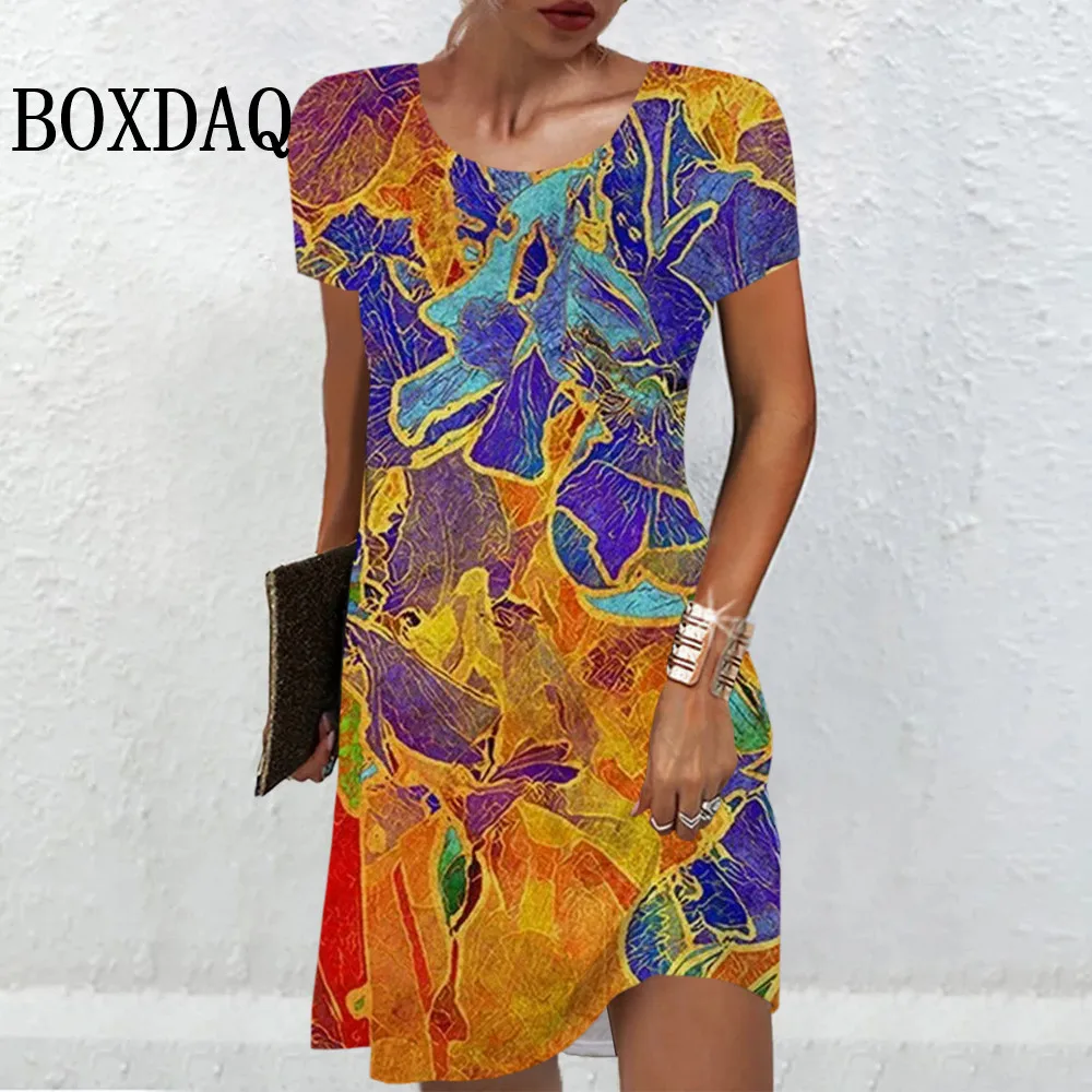 Color Painted Women's Dresses For Summer 2024 New Fashin Street Art 3D Print Dress Vintage Casual O-Neck Short Sleeve Mini Dress