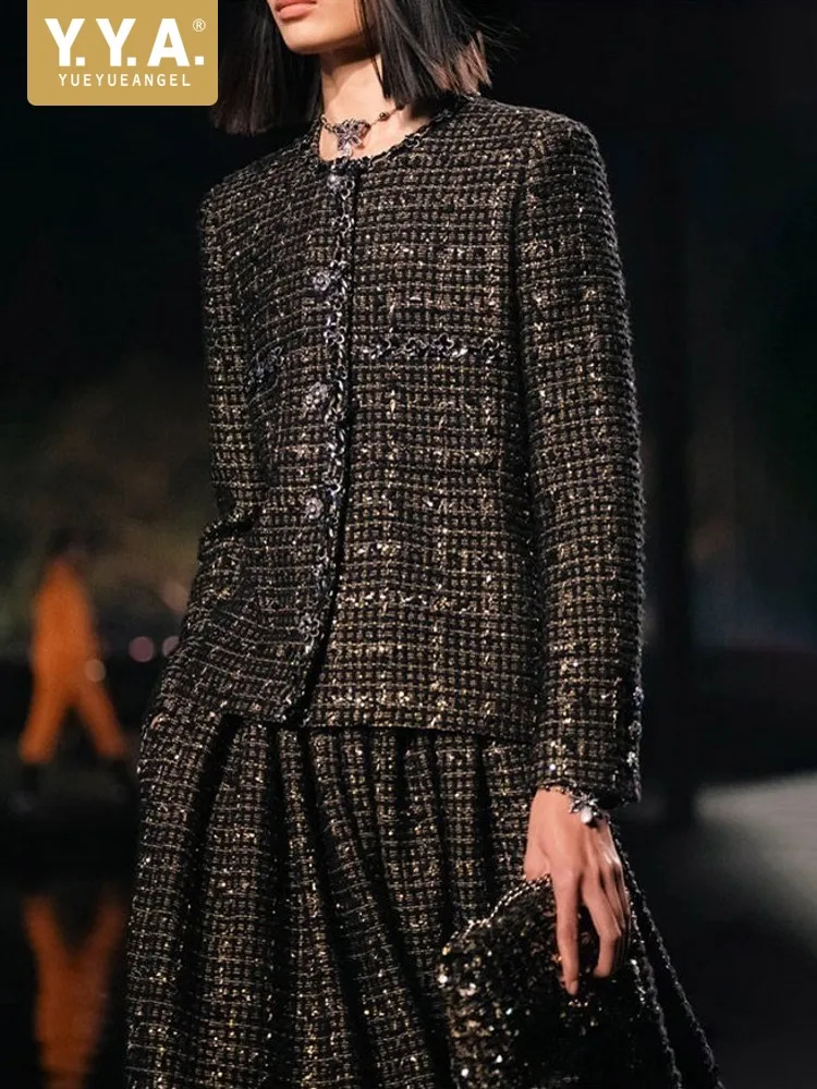 Frühling Herbst Damen Hochwertige Perlen-Tweed-Jacke Kariert O-Ausschnitt Eleganter Mantel Diamant-Jacken Einreihige Schicke Oberbekleidung