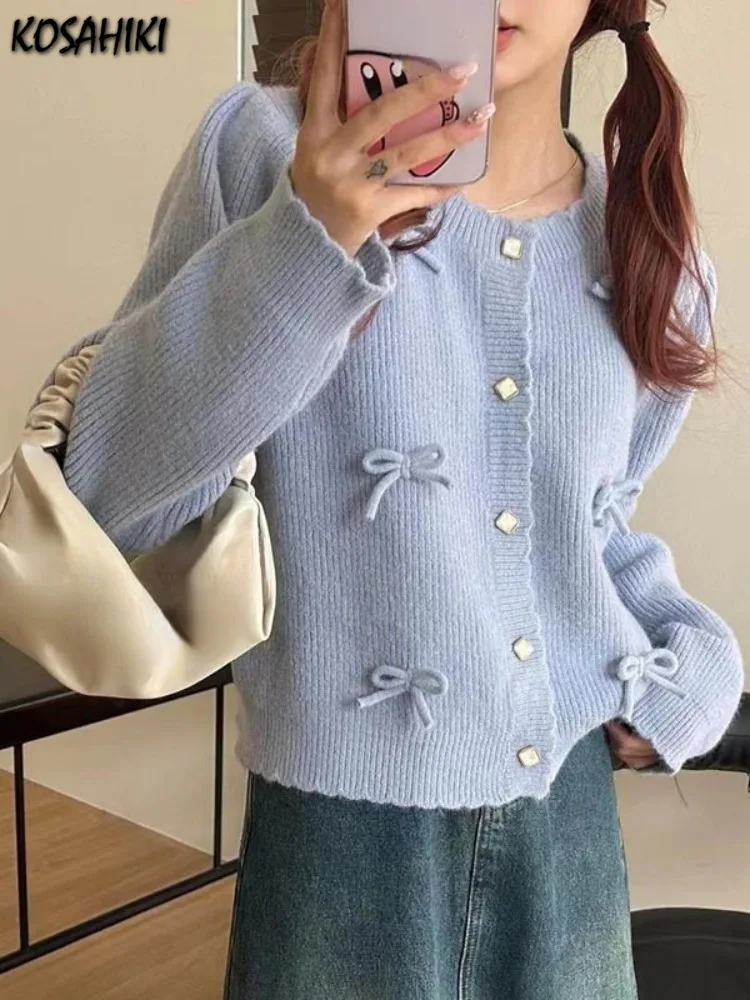 2024 Autumn Y2k Aesthetic Solid Bow Sweaters Japanese Streetwear Grunge Casual Loose Coats Women Sweet Knitted Simple Cardigans