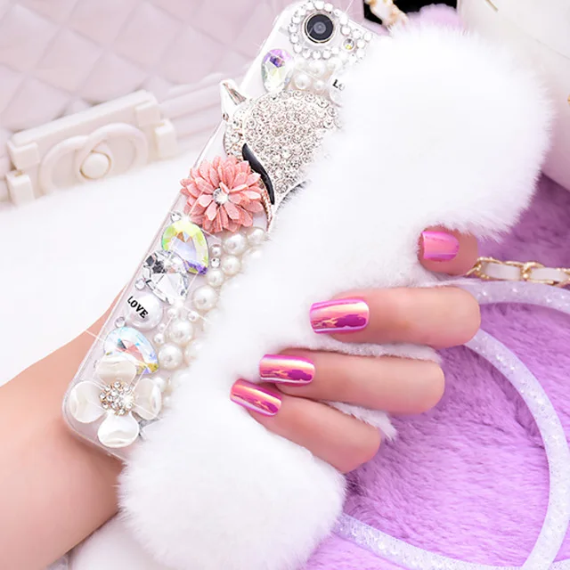 Cartoon Cute Fox Cover For iPhone 13 14 15 16 12 11 Pro Max 8 Plus Rabbit fur Protection Phone Case Bling Glitter Funda