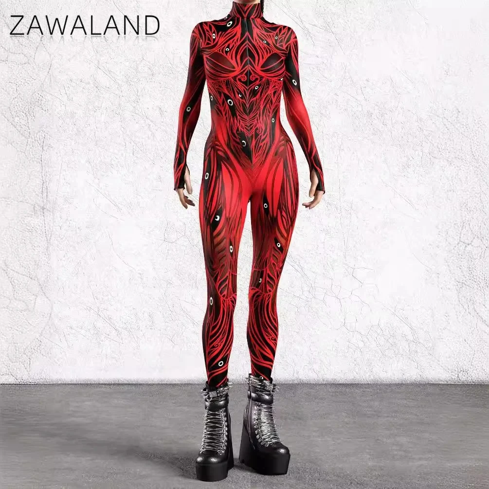 Kunstvoll Bedruckter Bodysuit mit Unregelmäßigen Linien für Damen Halloween Cosplay Zentai-Anzug Festival Rave Catsuit Langärmeliges Party-Kostüm