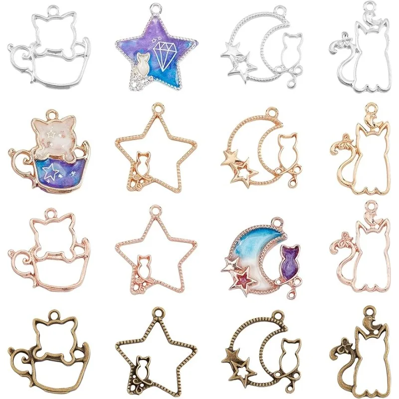 32pcs 4-Styles Cat Open Back Bezel Pendants Star Moon with Cat Bezel Pendants Open Bezel Charms Zinc Alloy Frame 4 Colors