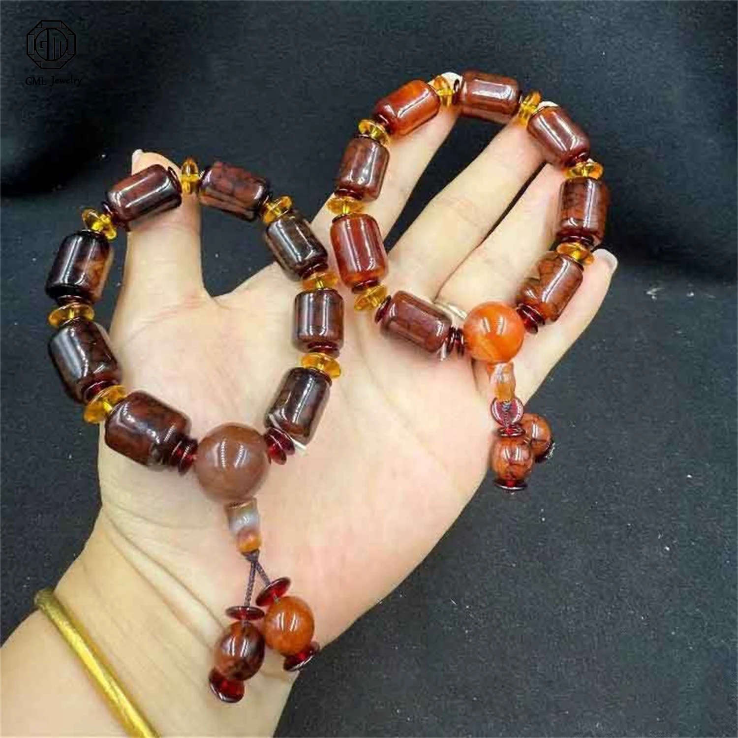 

Браслет из натурального агата с желтым узором «Драконья жила», бусины-цилиндры, унисекс, для мужчин и женщин, для энергетического исцеления, кристалл