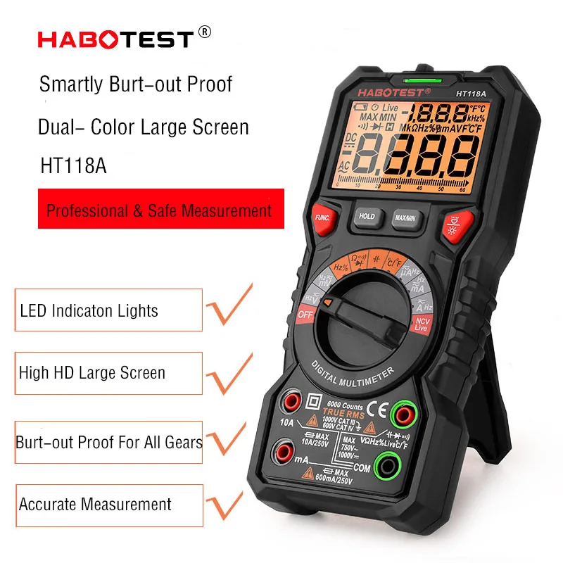 HT118A HABOTEST Auto Ranging Digital Multimeter True RMS Capacitance Analog Multitester 1000V DC/750V AC 10A For Electricians