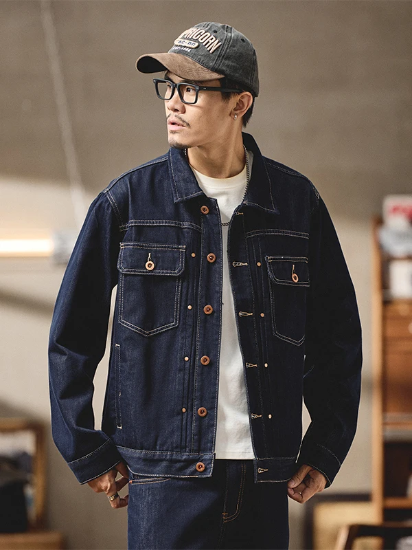 

Американская высококачественная джинсовая куртка Original Color Sed Line для мужчин, свободного кроя, с отложным воротником, в рабочем стиле, нелиняющая, модная, из хлопка и полиэстера.