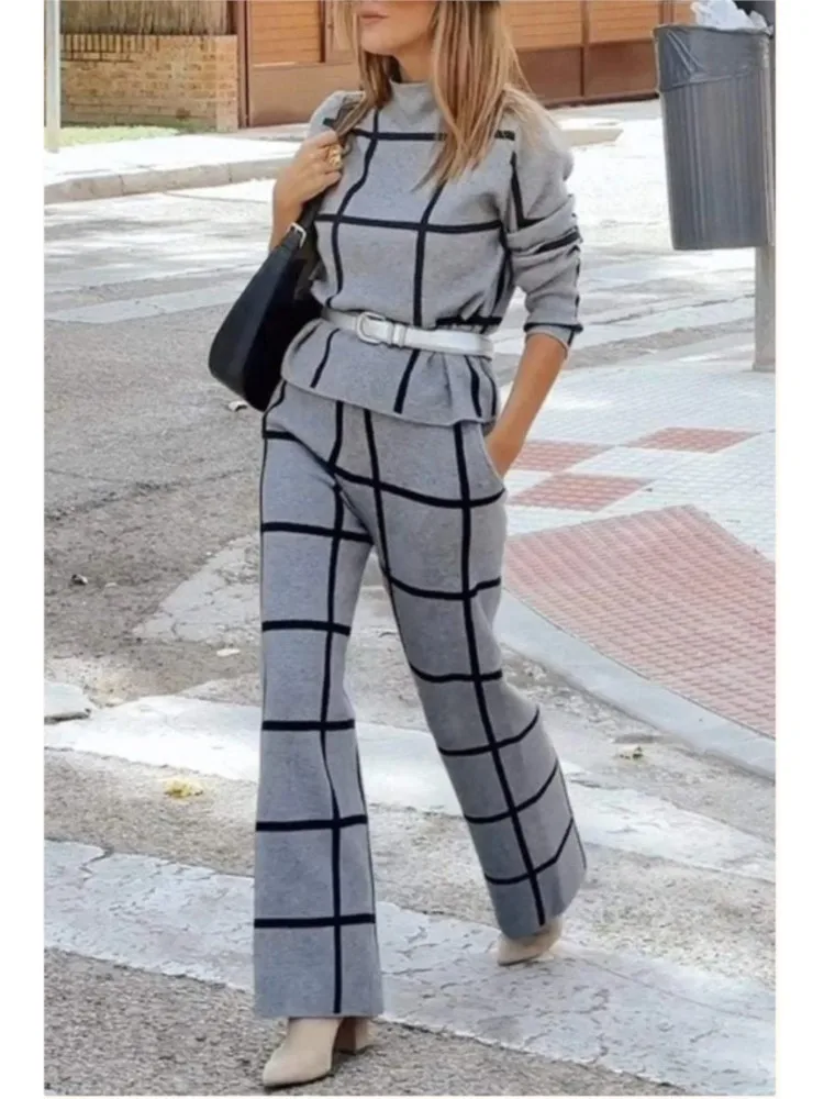 Women\'s Two Piece Set Fashion Plaid Print Long Sleeve Cropped Top High Waist Straight Trousers 2 Piece Sets Commuting Style 2024