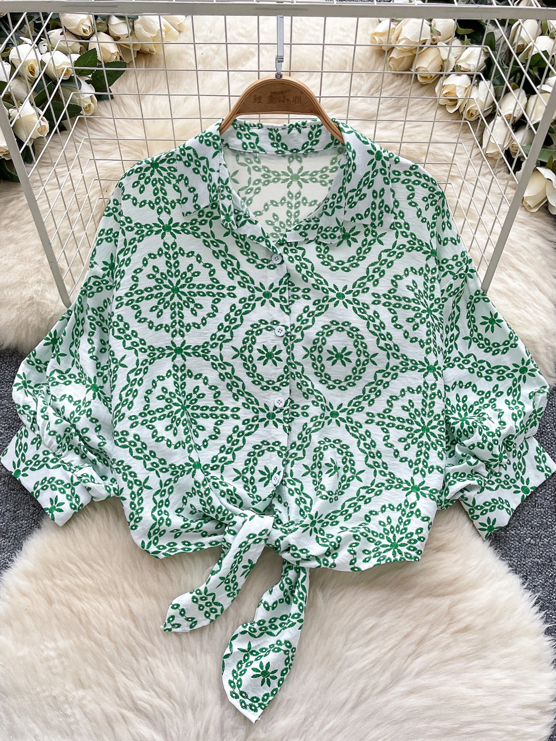 

Faionable Women's Printed irt Belted Waist Lantern Sve Casual Summer Top Korean Sle Loose Fit Holiday Wear