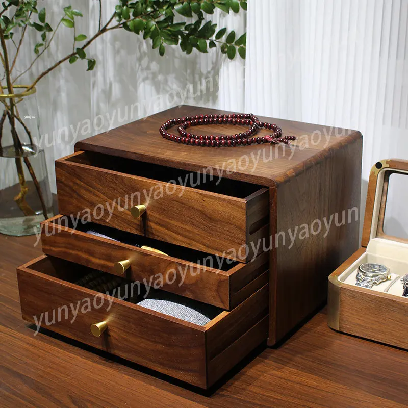 Black Walnut Solid Wood Drawer-style Jewelry Storage Cabinet, Cosmetics Organizer Box