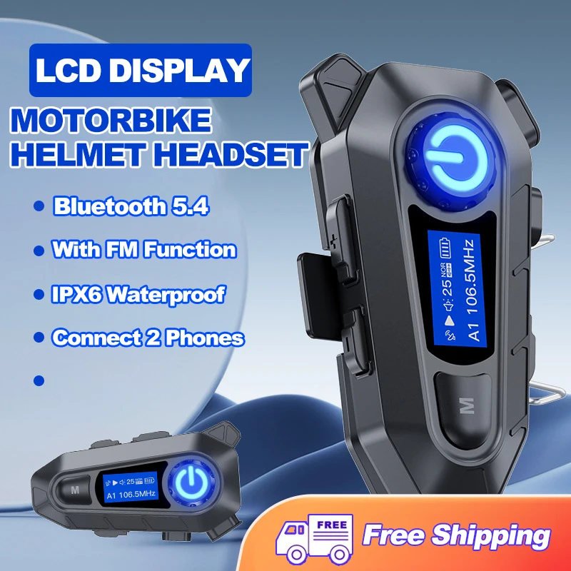 

Motorcycle Helmet Bluetooth Headset V5.4 EQ Sound Effect High-Definition IP67 Waterproof LCD Digital Display Screen MP3 Player