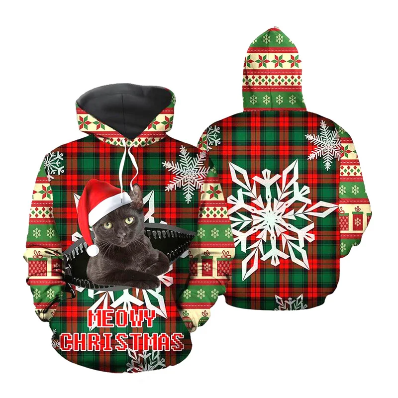 Funny Christmas Cat Dog Hoodie For Men 3d Printed Ugly Xmas Sweatshirt Tops Cool Loose Long Sleeves Tops New Year Hoodies