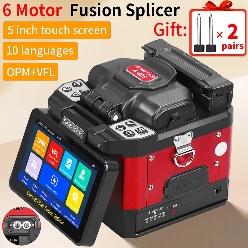 COMPTYCO A-80S Сварочный аппарат для оптического волокна 6-двигатель Многоязычный сенсорный экран SM MM Волоконный сердечник Термоплавкий аппарат Встроенный VFL OPM