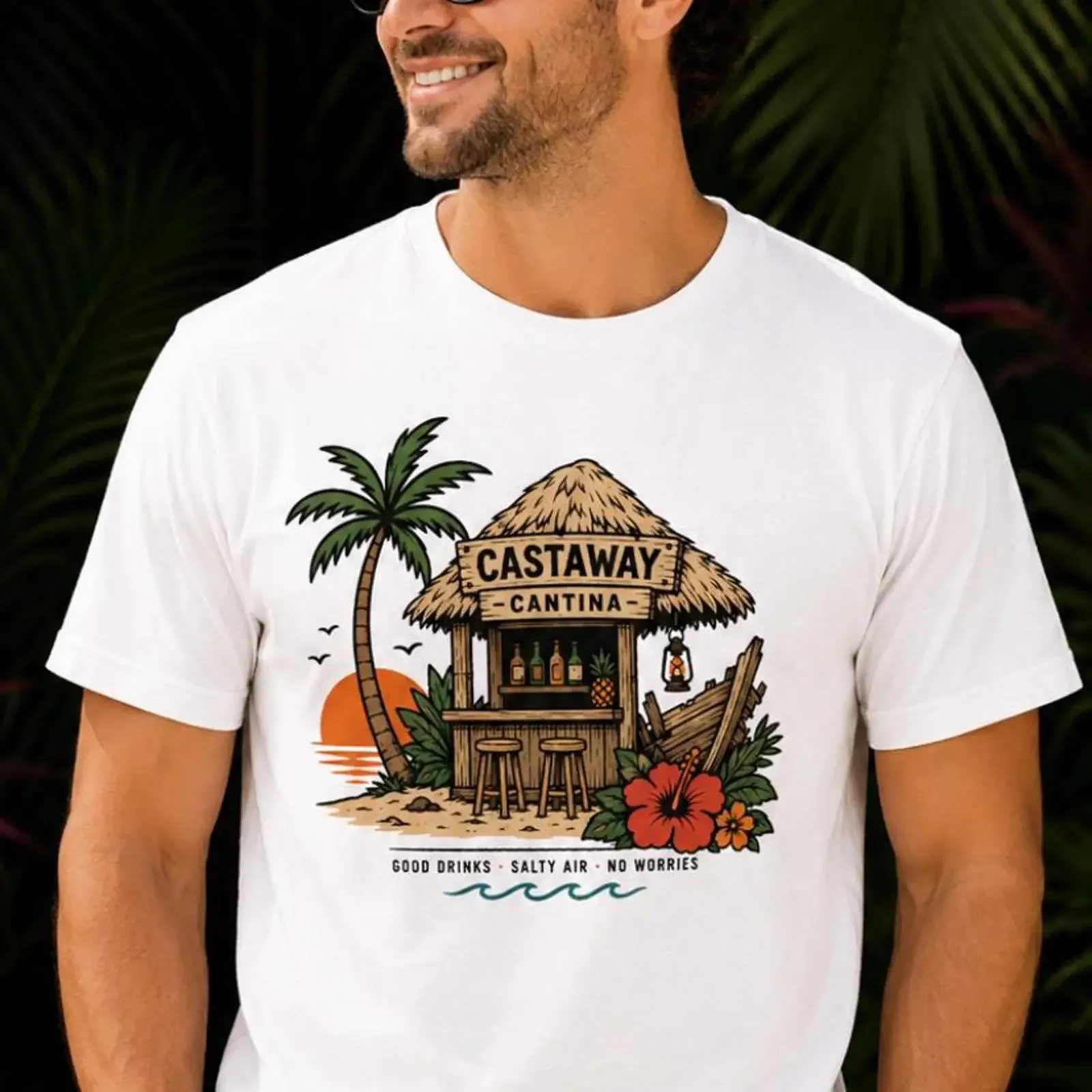 Castaway Cantina Tiki Bar Tropical Beach T Shirt Men Hawaiian Island Vacation Summer Palm Tree Coastal  vintage Washed homme
