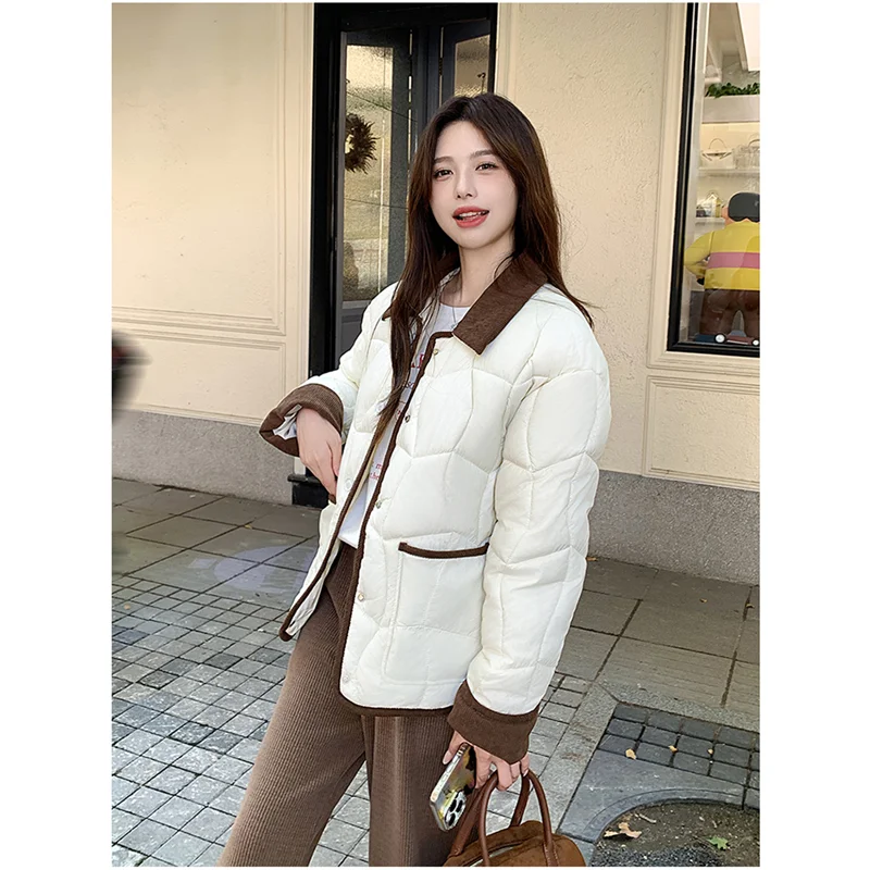 Down Jacket Women Coat Fashion Streetwear Corduroy Collar Cotton-padded Jacket Feather Female Winter Short Outwear Warm Jacket