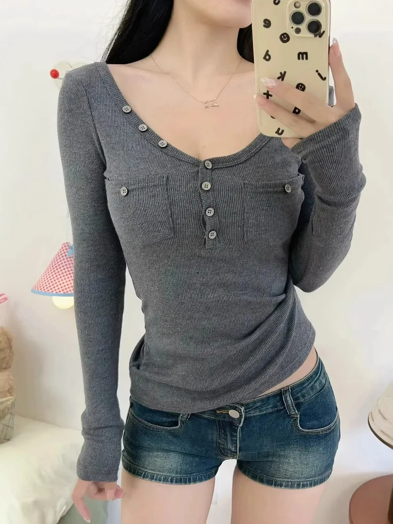 Spicy Girl Sexy Autumn V-neck Double Pocket Single Breasted Long Sleeve Pullover Women Cinching Waist Solid Slim Top CUOC