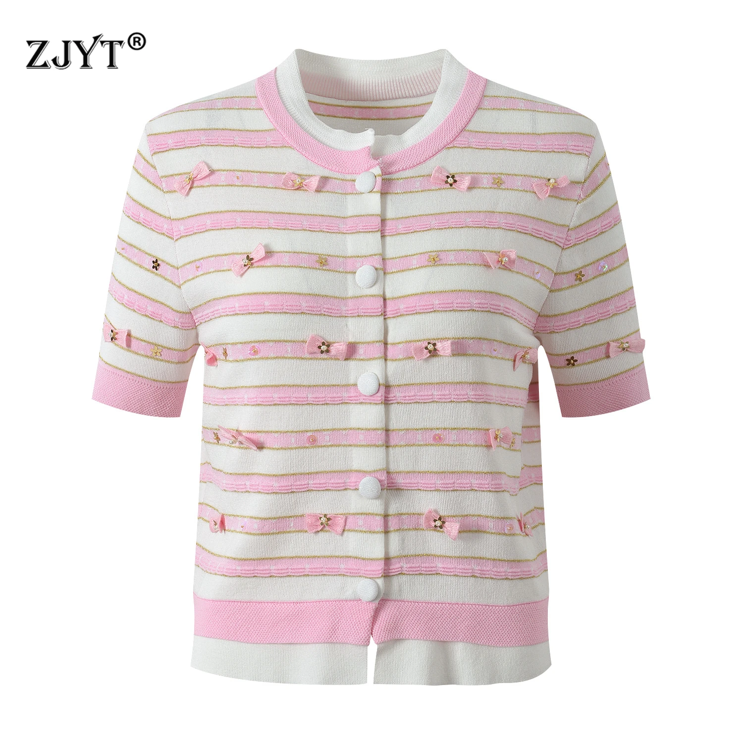 

ZJYT Summer Women's Single Breasted Striped Cardigans Knitted Top Short Sleeve Elegant Casual Sweet Female Knitwears Jersey