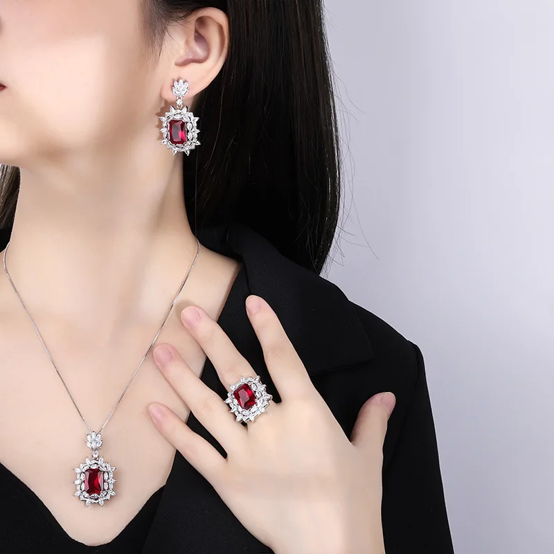 

S925 Silver Needle European and American Fashion Jewelry Accessories Set Pigeon Blood Red Corundum Pendant Necklace for Women