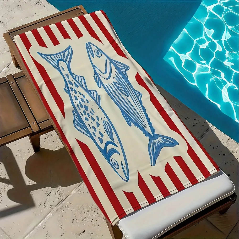 Bluefin tuna and mackerel patterns polyester microfiber beach towel is highly absorbent, suitable for swimming and beach outings