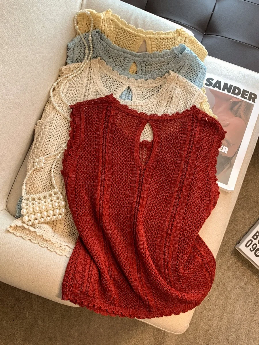 

Unique Hollow out Bal Svel Knitted Top for Women Thin Summer New Sle Korean Straight Cut Knitwear round Ne