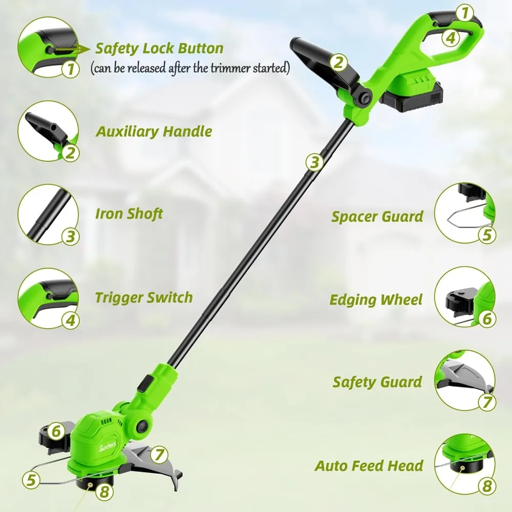 12-inch 20V Cordless String Trimmer with Charger,2 X 2.0Ah Battery Powered,with 8 Pcs Grass Cutter Spool Line and 2 Spool Cap