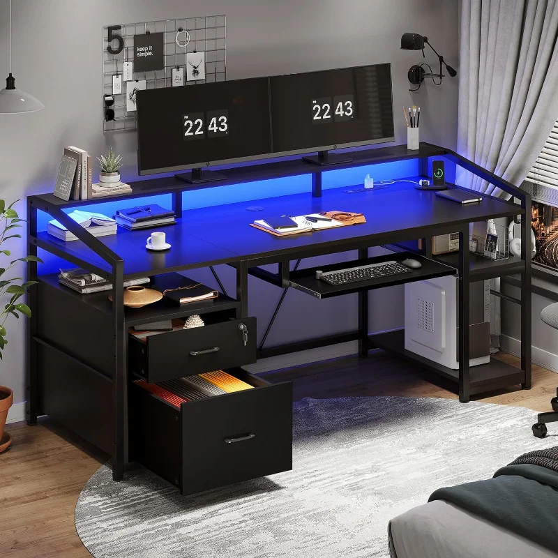 

Computer Desk, Office Desk with Lockable Drawers Gaming Desk with LED Lights & Power Outlet, Home Office Desks with Storage