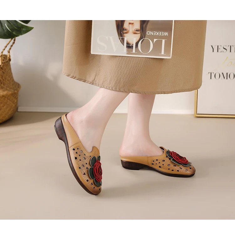 Neue große Blumen-Sandalen aus Rindsleder für Damen, Sommer-Mules mit Cut-Outs, niedrige Absätze, Retro-Luxus-Slipper-Sandalen, Slip-On-Schuhe für Damen – Detail 6