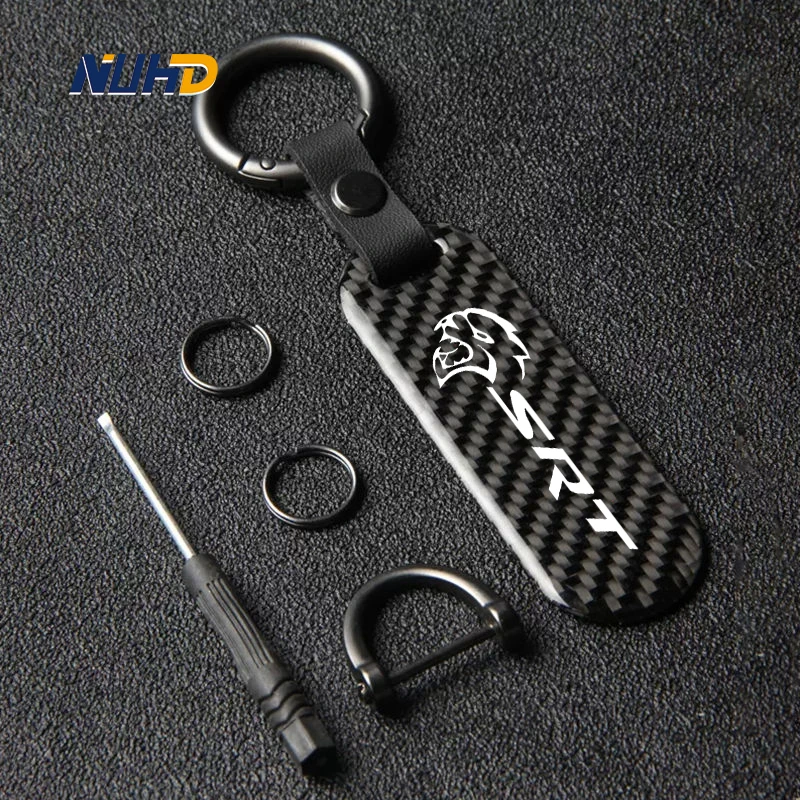 Carbon Fiber Car KeyChain For Dodge Challenger SRT 10 SRT8 Charger SRT RAM Auto Key Ring Metal Anti-loss Interior Accessories