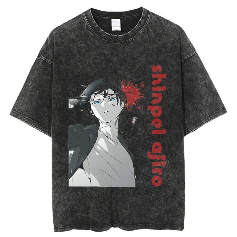 Summer Time Rendering Wholesale Hip hop Streetwear Anime Cartoon Washed Tee Shirts Men Harajuku Casual Short Sleeve Tshirt