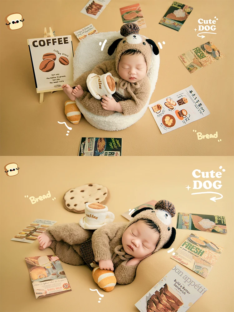 

Baby Bakery Theme Photography Props Cute Bakery Puppy Knitted Costume Plush Coffee Cup+bread+cookie Decor Props for Studio Shoot