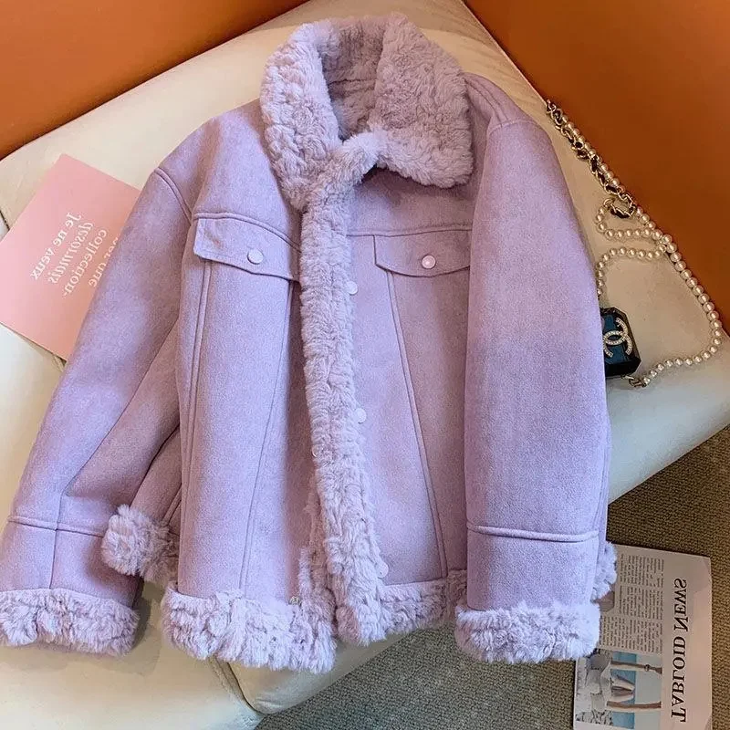 

Purple Fragrant Lamb Wool Coat Women's Autumn and Winter 2023 New Fur Add Velvet Padded Warm Single-breasted Long-sleeved Jacket