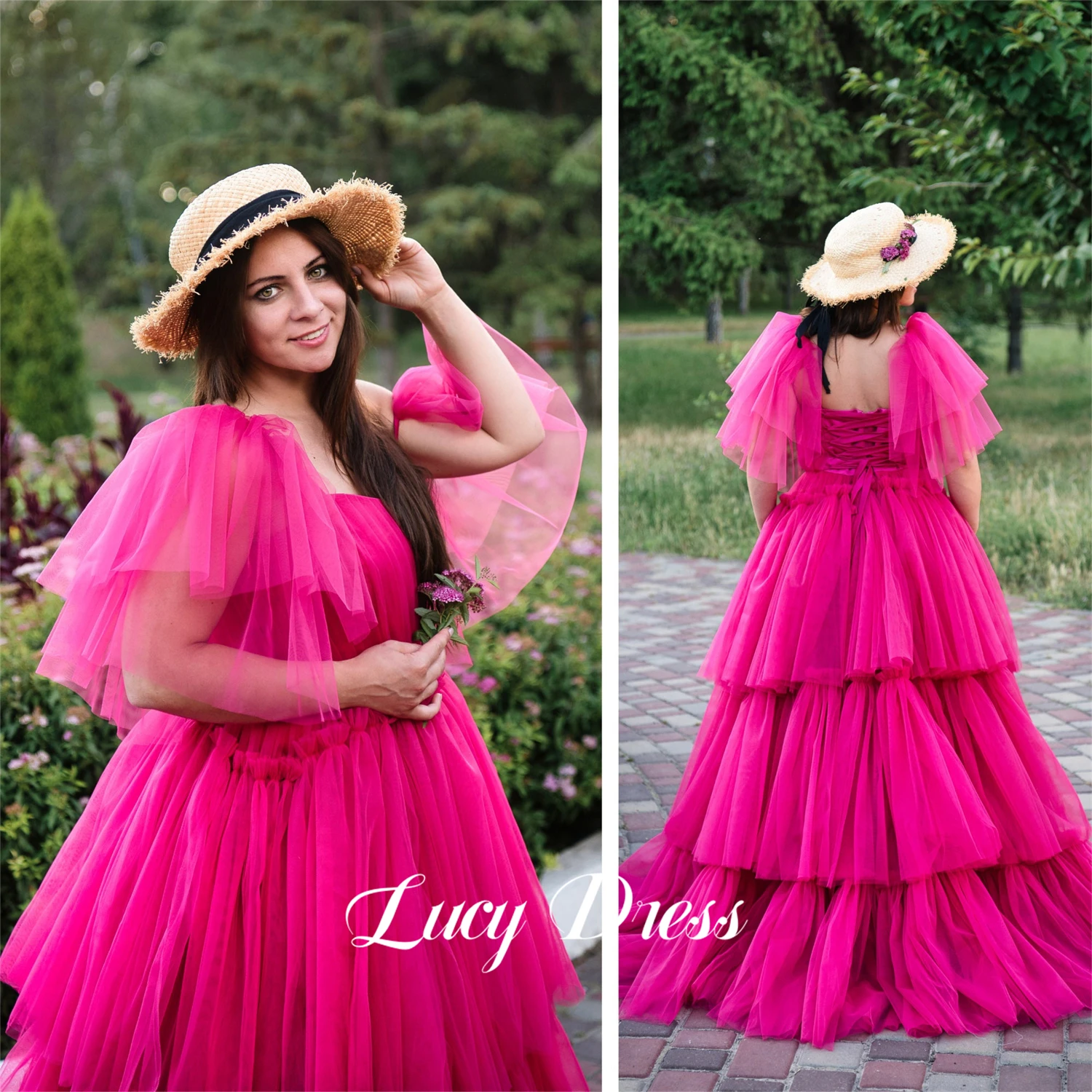 Lucy-vestido de graduación rosa roja para mujer, vestido de fiesta de cumpleaños en capas, línea A, malla de lujo, elegante, vestidos de noche para mujer