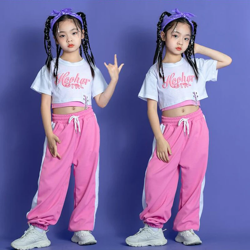 Baggy Jogger Pants For Girls Carnival Jazz Dance Costume Clothes Set Kids Hip Hop Clothing Crop Top Tank T Shirt Streetwear Pink