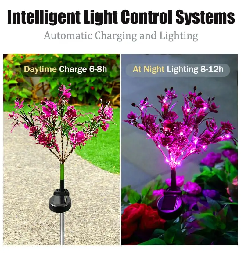 Garden Solar Lights Outdoor 14 LED Phalaenopsis Solar Flowers Lights Waterproof IP65 Solar Stake Lights Pathway Garden Decor