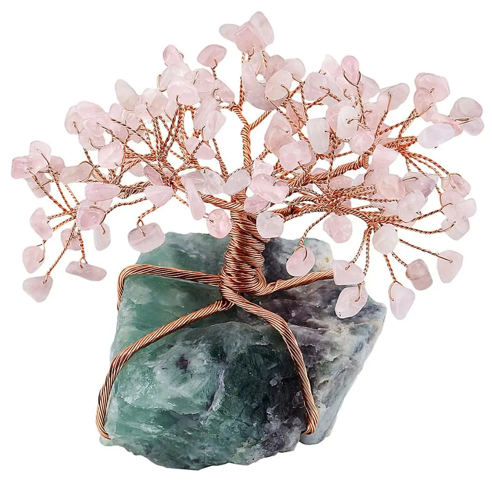 Natürliche Raw Fluorit Basis Kupfer Draht Gewickelt Rose Quarz Chips Stein Geld Baum Bonsai Glück Feng Shui Figurine Ornament