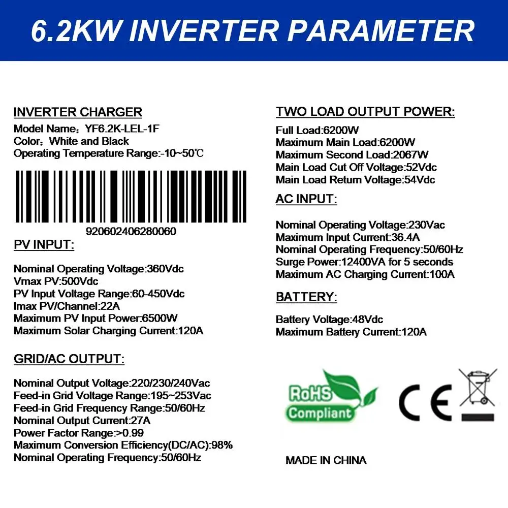 Yingfa 4,2 kW 6,2 kW 10,2 kW Wechselrichter, reine Sinuswelle, 220 V, Dual-Ausgang, 12 V, 24 V, 48 V Batterie, MPPT, netzunabhängige Hybrid-Solar-Wechselrichter